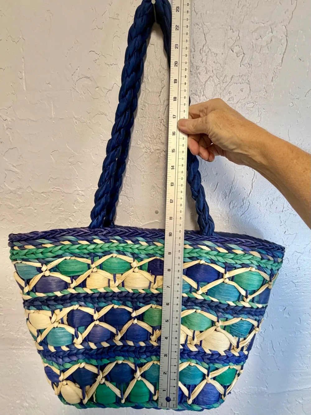 Cappelli Straworld Blue, Green & Cream Woven Straw Tote